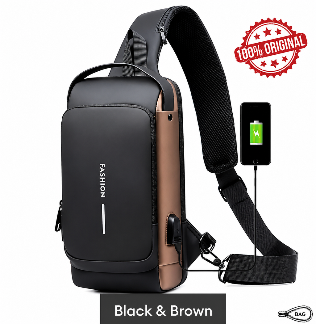 BAGSTREET New Waterproof Anti-Theft Unisex Sling Crossbody Bag with USB Charging Port and Combination Lock - Black