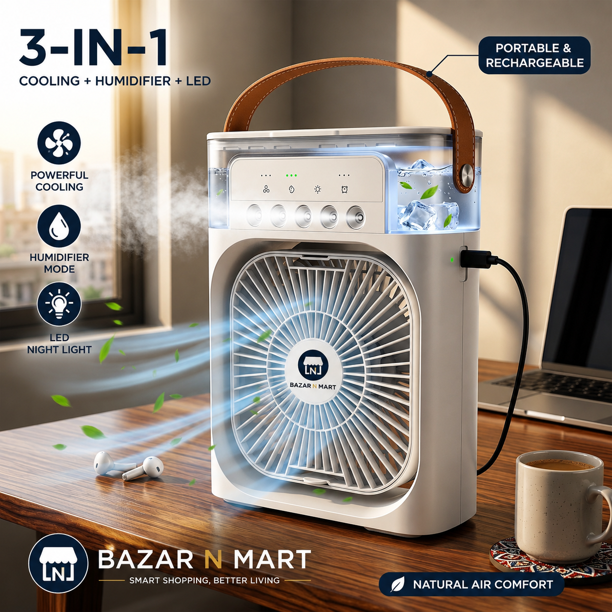 Portable 3-in-1 Rechargeable Air Cooler – Stay Cool Anywhere