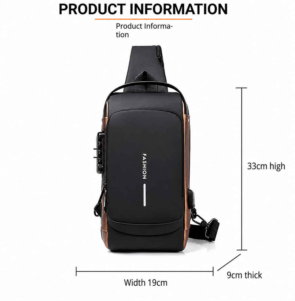 BAGSTREET New Waterproof Anti-Theft Unisex Sling Crossbody Bag with USB Charging Port and Combination Lock - Black